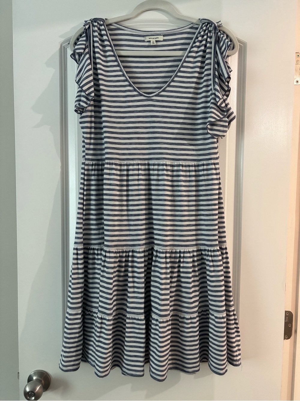 Max Studio Navy and White Striped Ruffle-Sleeve Casual Dress